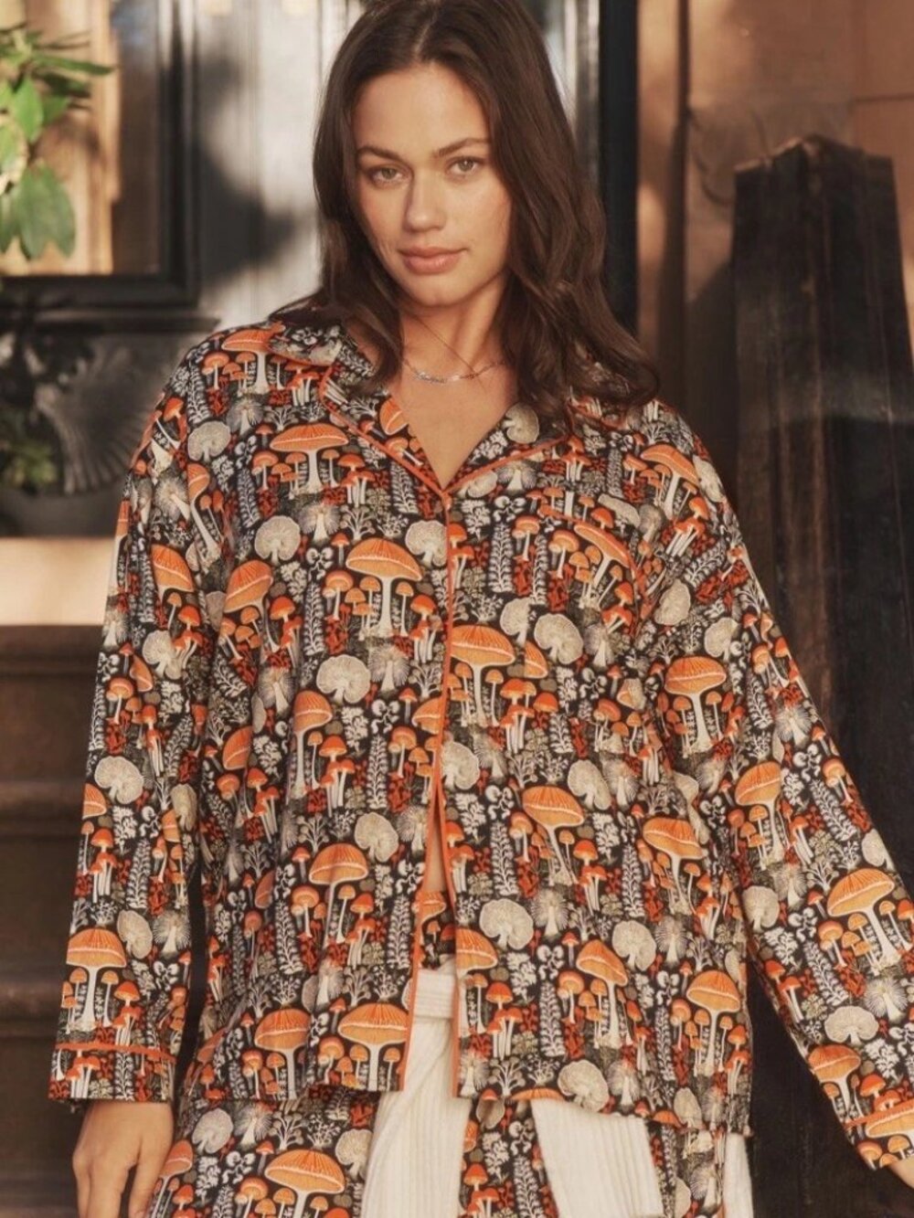 Anthropologie Real Fun Wow Mushroom Flannel Pajama Sleep Shirt Top Size XS